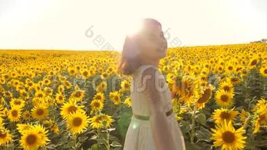 爸爸和女儿沿着田野走着，夕阳下，向日葵牵着手，第一人称的景色。 慢速视频